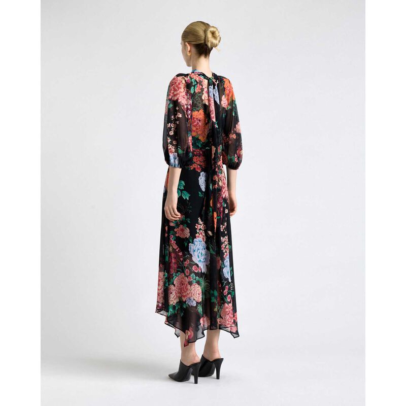 Cue Black Peacock Garden Georgette Tie Neck Midi Dress image number 1